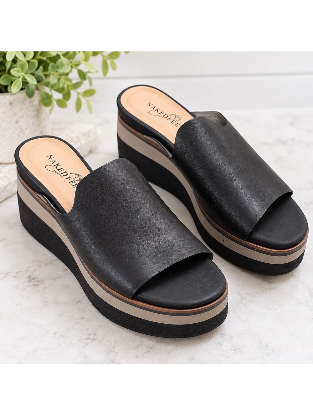 Naked Feet Flow Black Leather Platform Wedge Slide Sandals Women’s Size 8